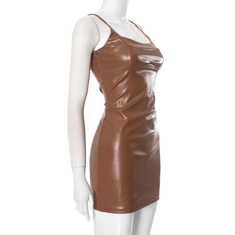 Mini-robe unie en cuir PU à col en U et fermeture éclair dans le dos 