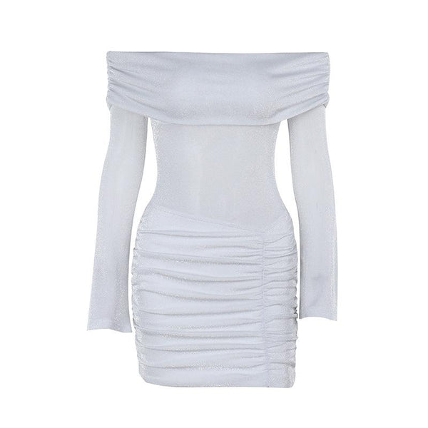 Minivestido fruncido de manga larga con hombros descubiertos 