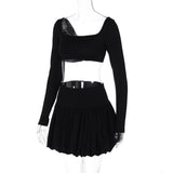 Conjunto de minifalda lisa con escote cuadrado y manga larga fruncida 