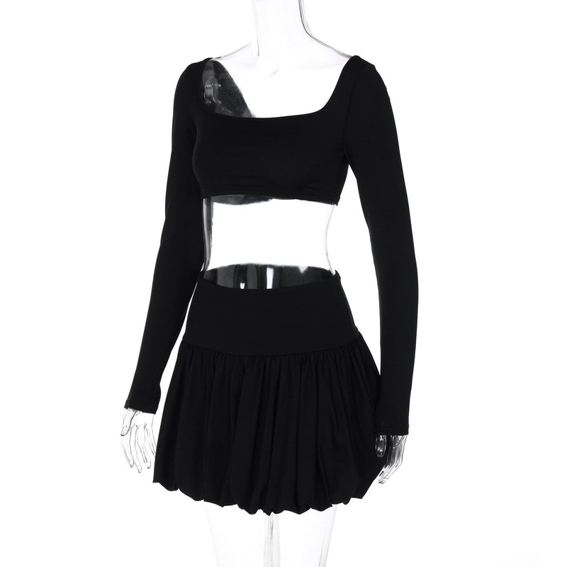 Conjunto de minifalda lisa con escote cuadrado y manga larga fruncida 