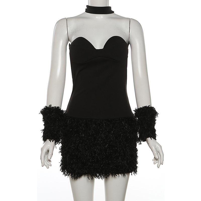 Vestido mini de tubo liso con cuello halter, esponjoso y espalda cruzada 