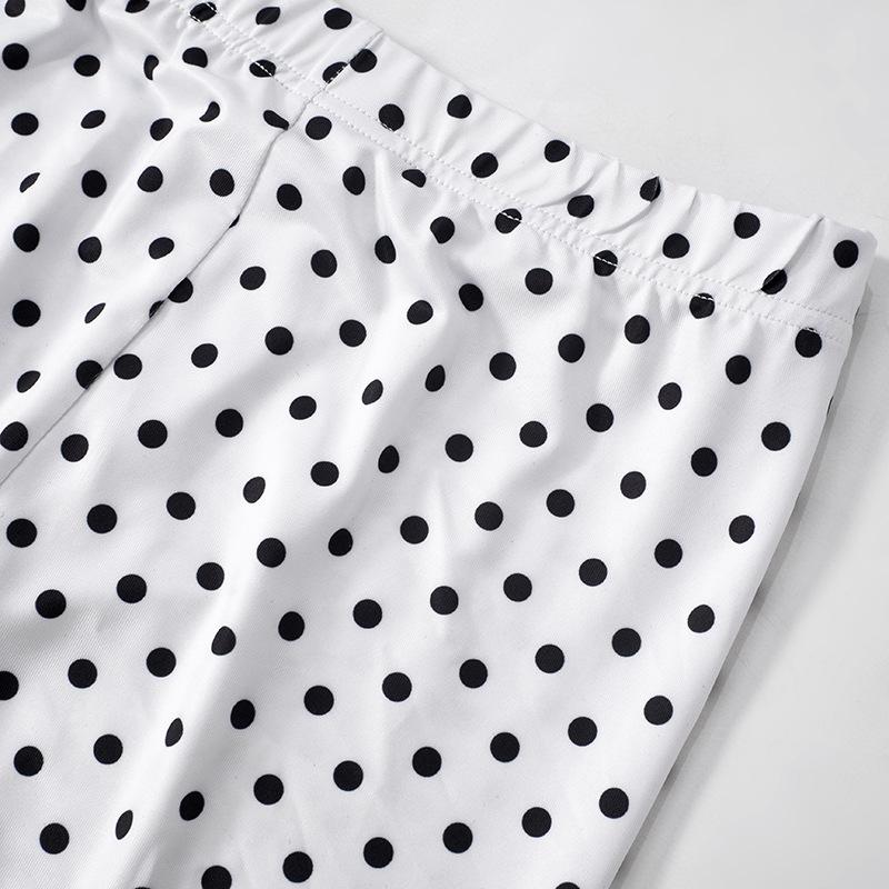 Conjunto de pantalón de cuello redondo de malla con lazo y lunares de manga larga 