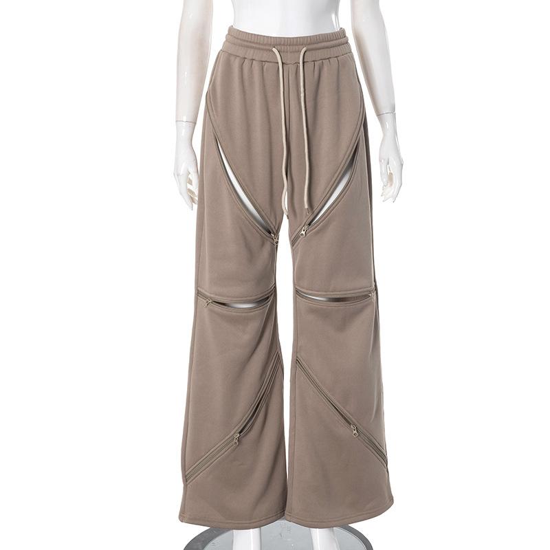 Drawstring zip-up hollow out medium rise sports pants