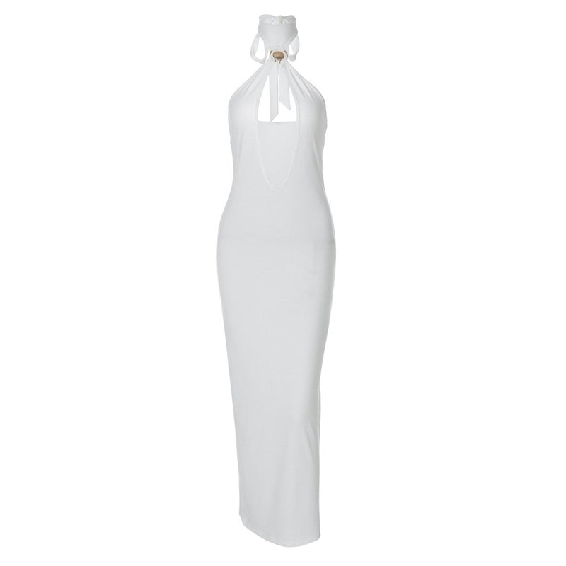 Self tie halter hollow out backless midi dress