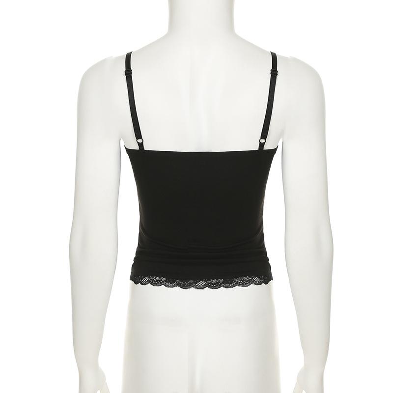 V neck lace hem flower applique backless cami top