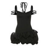 Vestido mini liso fruncido con escote halter y lazo calado 