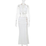 Halter hollow out slit self tie irregular midi skirt set