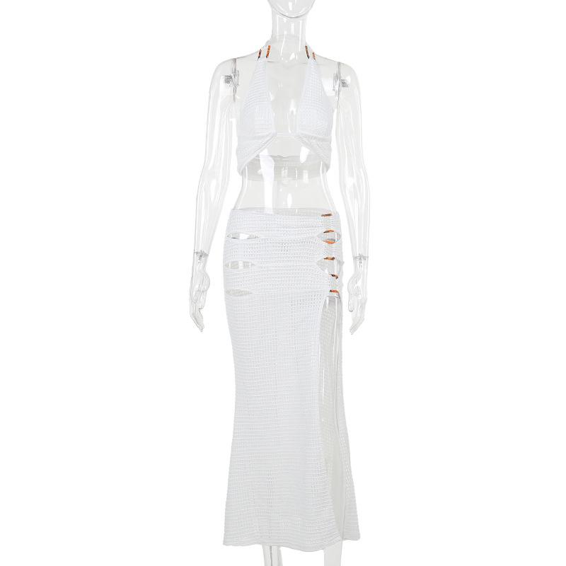 Halter hollow out slit self tie irregular midi skirt set