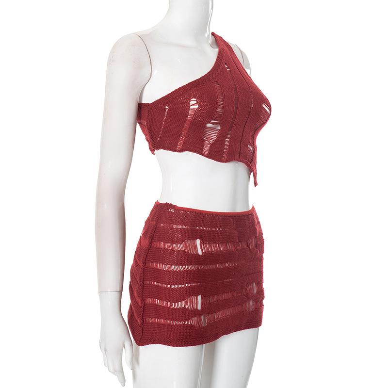 Conjunto de minifalda lisa con un solo hombro, con aberturas irregulares 