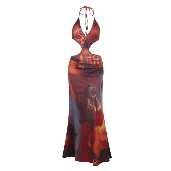 Robe longue à imprimé léopard avec col en V profond et licou 