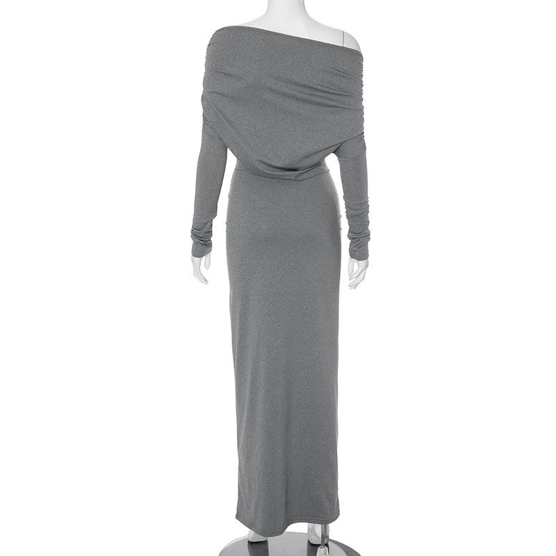 Vestido largo irregular de un solo hombro con mangas largas fruncidas 