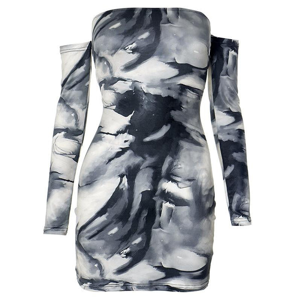 Mini-robe à manches longues et épaules dénudées avec imprimé tie-dye 