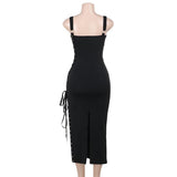 Vestido midi fruncido con escote cuadrado, cordones y aberturas 
