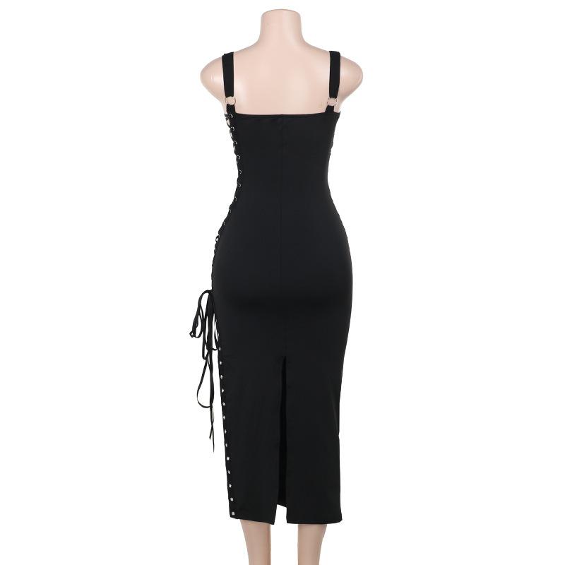 Vestido midi fruncido con escote cuadrado, cordones y aberturas 
