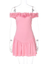 Off shoulder flower applique ruffle ruched mini dress