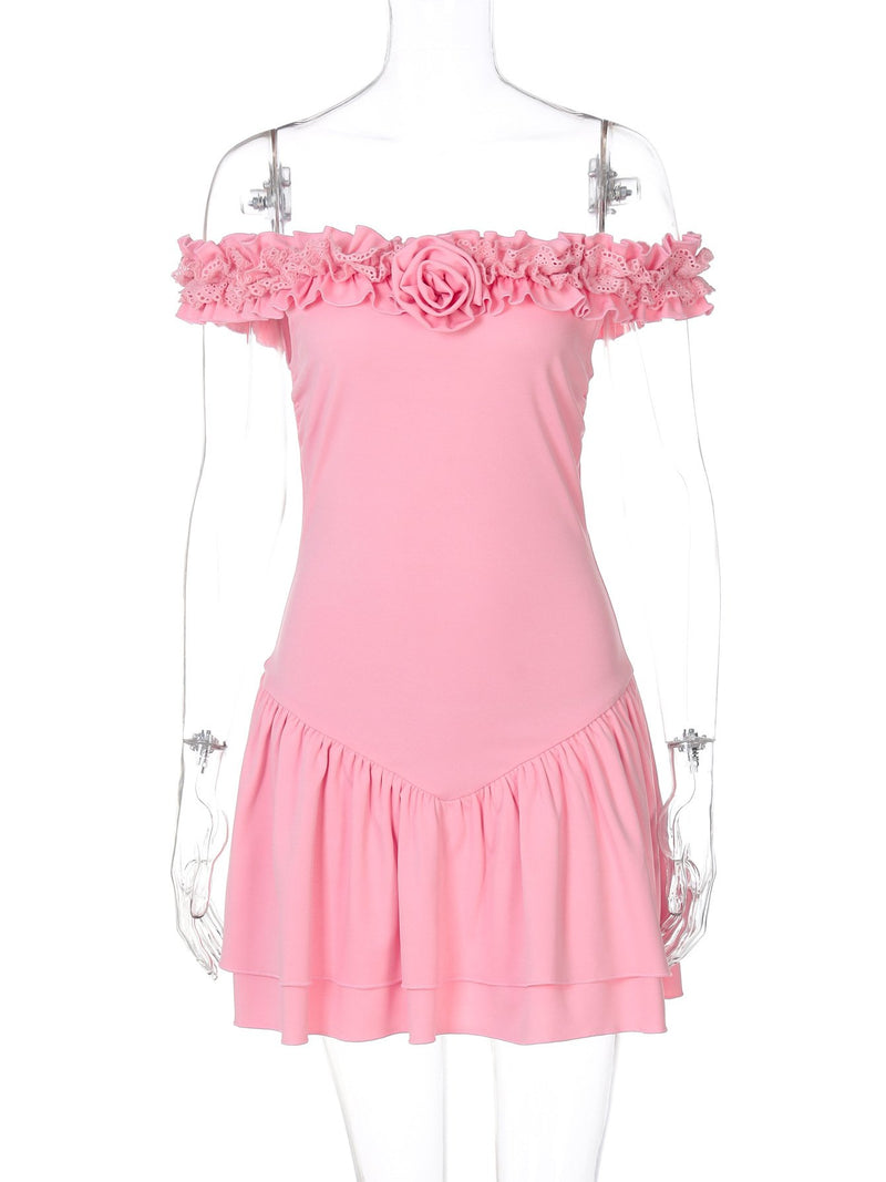Off shoulder flower applique ruffle ruched mini dress