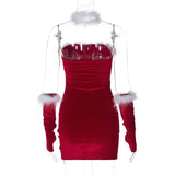 Robe mini tube dos nu avec gants en plumes froncés 