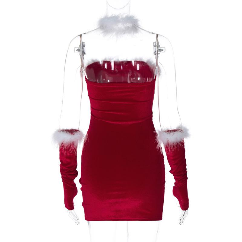 Robe mini tube dos nu avec gants en plumes froncés 