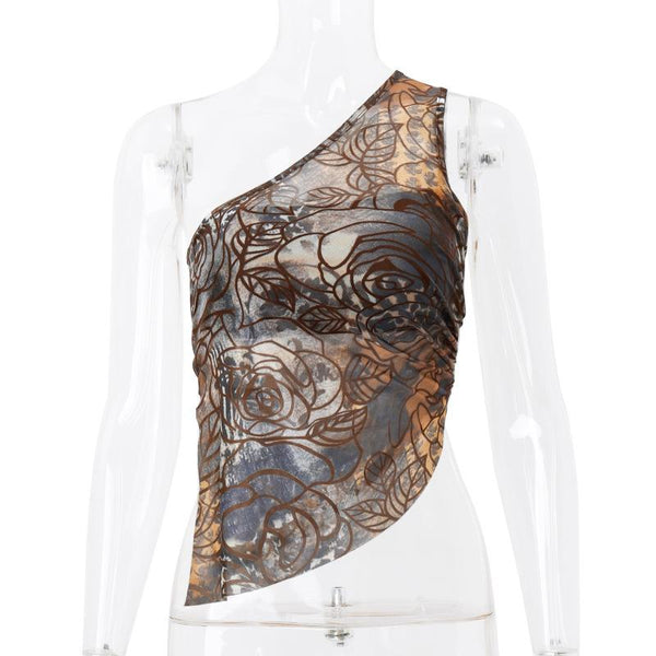 Top fruncido con estampado floral irregular de un solo hombro 