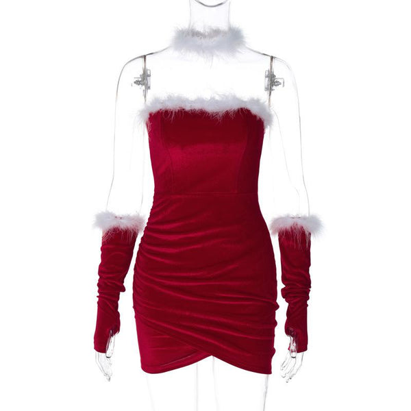 Ruched feather gloves backless tube mini dress
