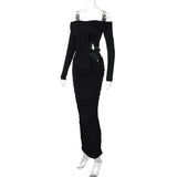 Robe longue ajourée à manches longues et épaules dénudées 