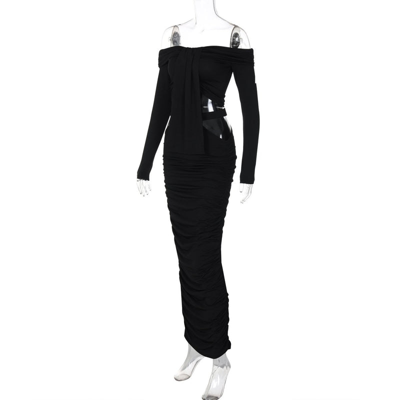Robe longue ajourée à manches longues et épaules dénudées 