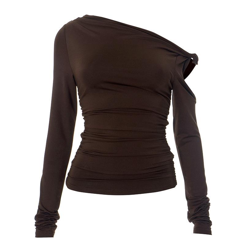 Irregular long sleeve hollow out ruched one shoulder top
