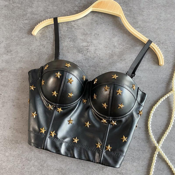 Haut caraco boutonné en cuir PU avec appliques étoiles 
