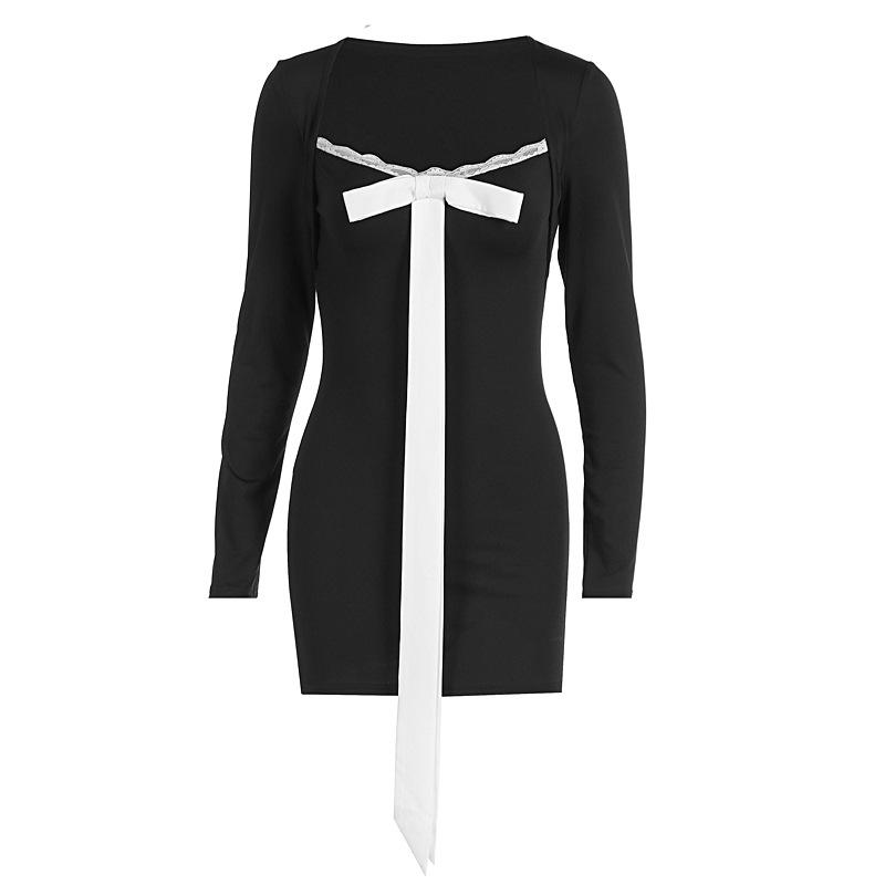 Vestido mini con escote en V, dobladillo de encaje y manga larga con lazo 