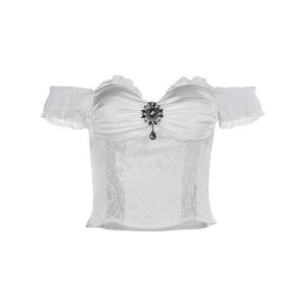 Lace hem off shoulder ruched smocked top