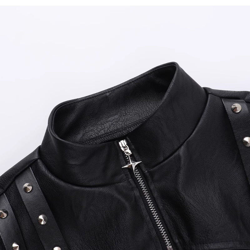 Zip-up long sleeve PU leather rivet applique hollow out top