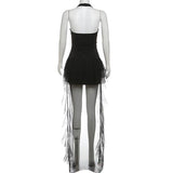 Minivestido de malla con volantes y escote halter, sin espalda 