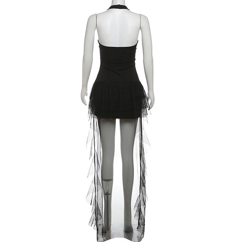 Minivestido de malla con volantes y escote halter, sin espalda 
