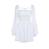 Vestido mini de manga larga con cuello cuadrado y fruncido con lazo 