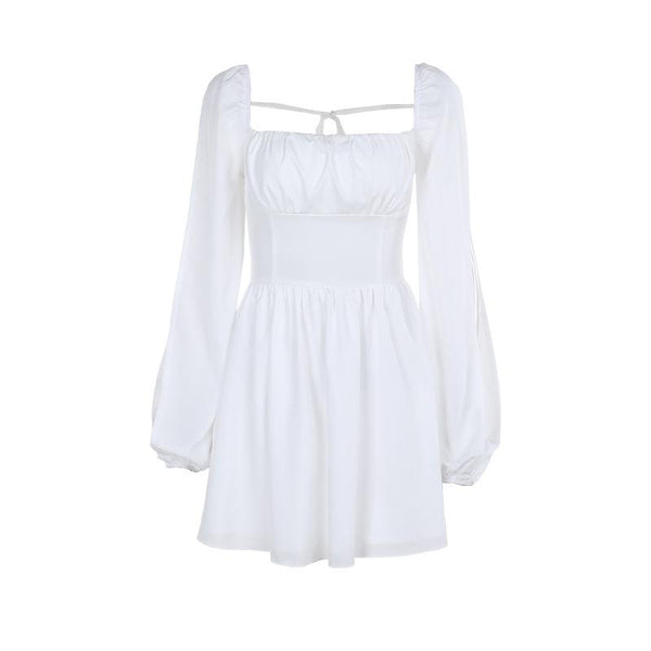 Vestido mini de manga larga con cuello cuadrado y fruncido con lazo 