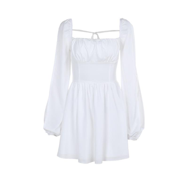 Vestido mini de manga larga con cuello cuadrado y fruncido con lazo 