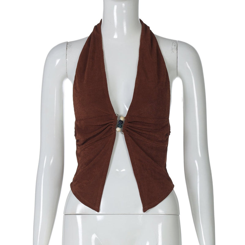 Top con abertura fruncida y cuentas con escote en V profundo y halter 