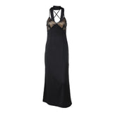 Robe longue camisole à ourlet en dentelle, col en V, fermeture éclair et dos croisé 