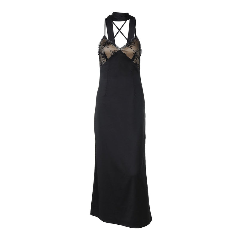 Robe longue camisole à ourlet en dentelle, col en V, fermeture éclair et dos croisé 