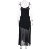 Mesh u neck beaded backless cami maxi dress