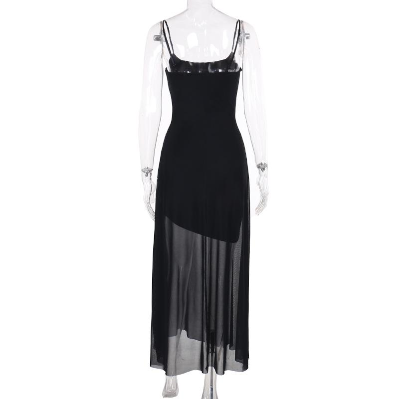 Mesh u neck beaded backless cami maxi dress