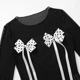 Conjunto de pantalón de cuello redondo de malla con lazo y lunares de manga larga 