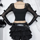 Long sleeve bowknot mesh v neck hollow out top