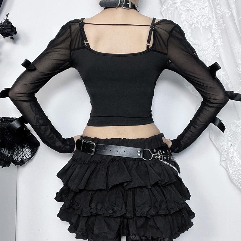 Long sleeve bowknot mesh v neck hollow out top