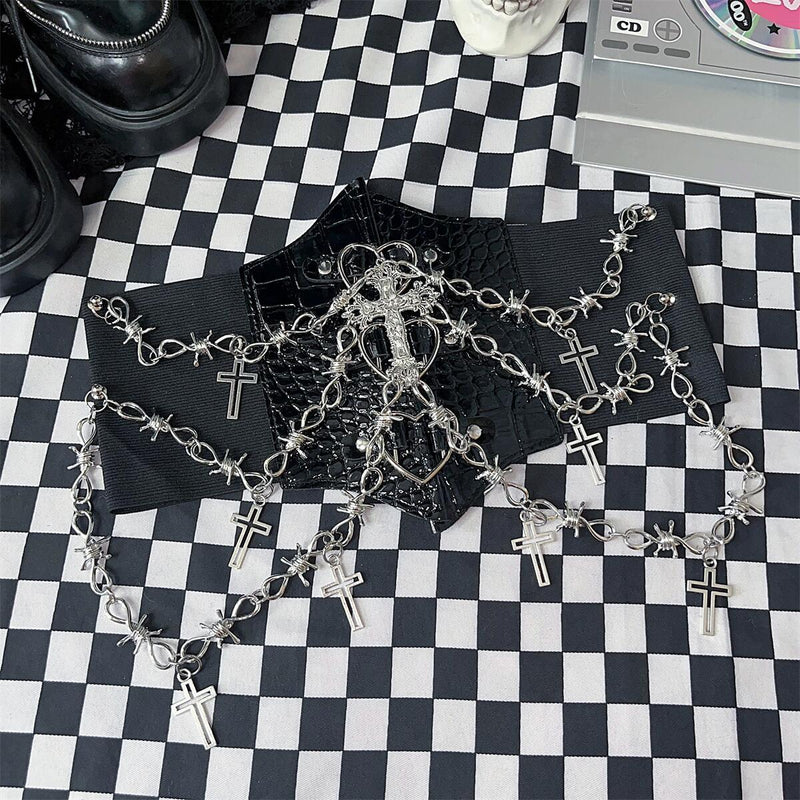 Metal chain cross applique PU leather corset