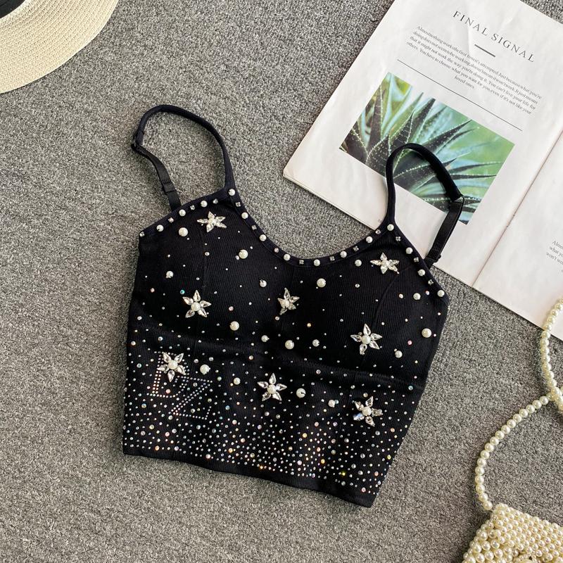 Haut camisole dos nu rembourré à col en V et perles 