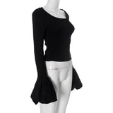 Long puff sleeve round neck ribbed ruched top