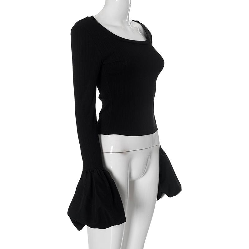 Long puff sleeve round neck ribbed ruched top