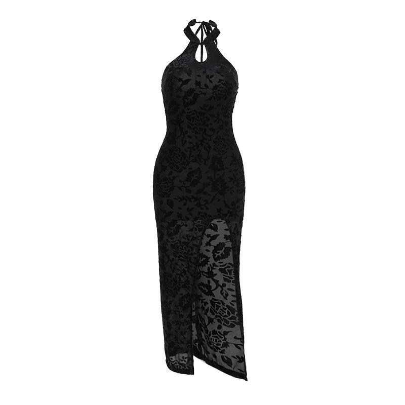 Vestido midi con abertura, cuello halter, lazo anudado y estampado 