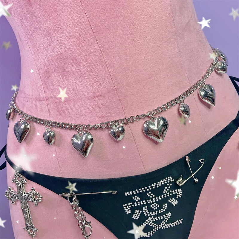 Silver heart decor metal chain waist chain